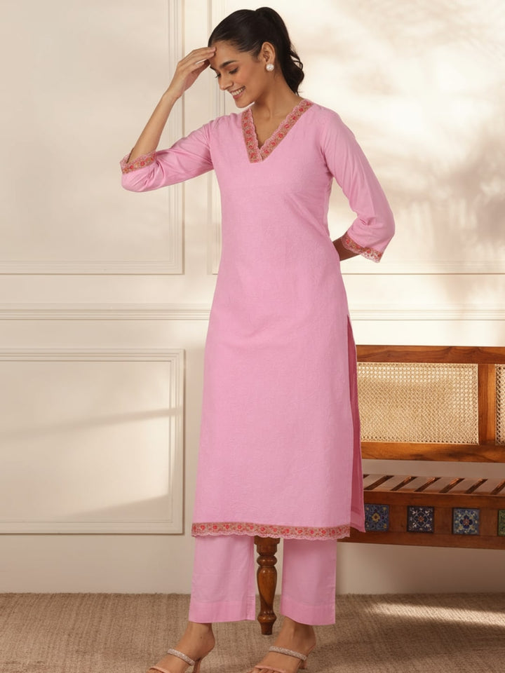 Pink Embroidered Cotton Straight Suit With Dupatta