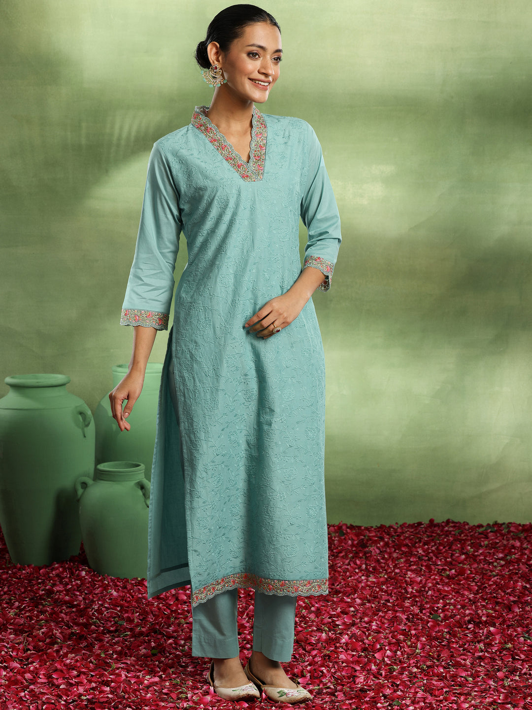 Sea Green Embroidered Cotton Straight Suit With Dupatta