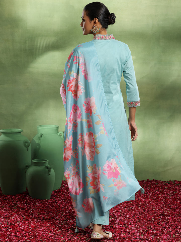 Sea Green Embroidered Cotton Straight Suit With Dupatta
