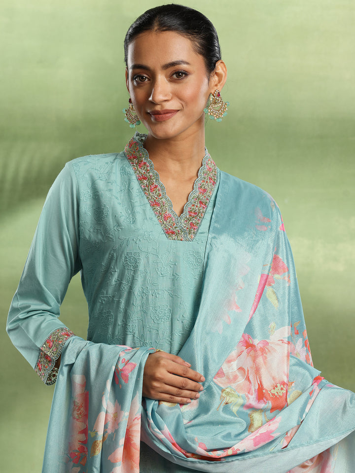 Sea Green Embroidered Cotton Straight Suit With Dupatta