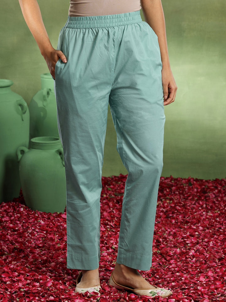 Sea Green Embroidered Cotton Straight Suit With Dupatta