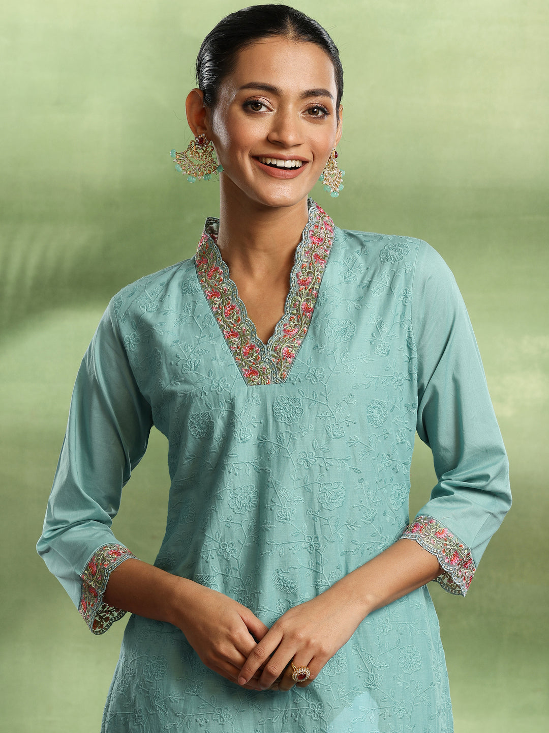 Sea Green Embroidered Cotton Straight Suit With Dupatta