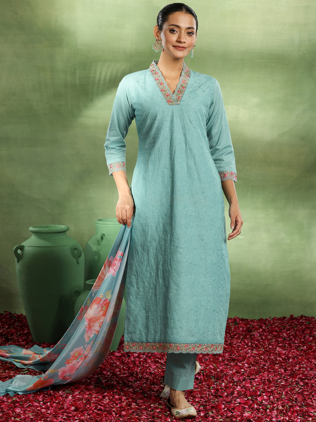 Sea Green Embroidered Cotton Straight Suit With Dupatta