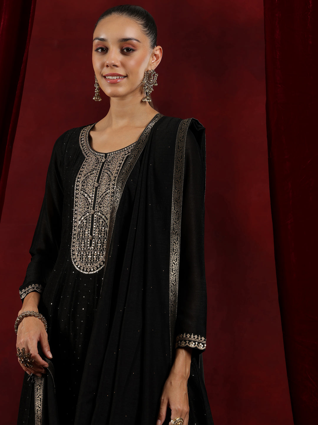 Libas Art Black Embroidered Silk Blend A-Line Kurta With Trousers & Dupatta
