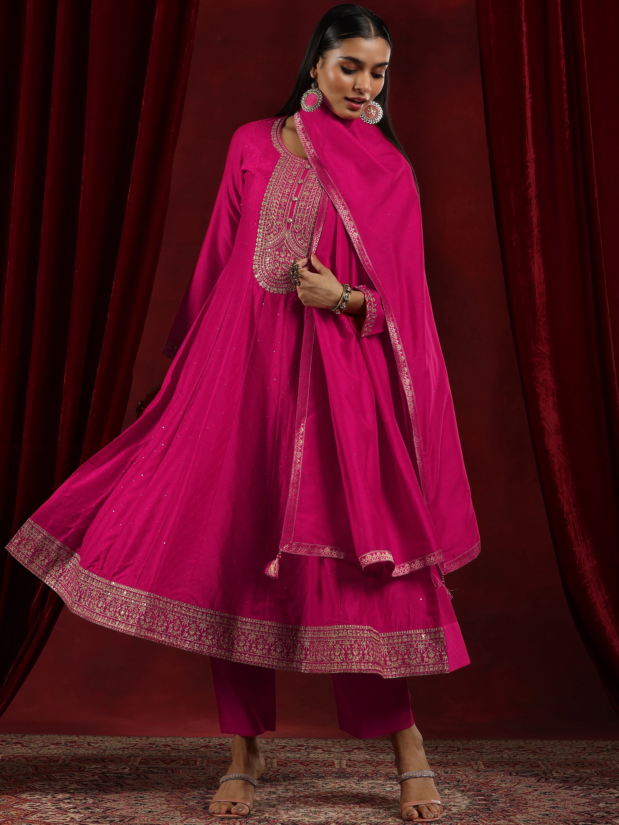 Pink Embroidered Silk Blend A-Line Suit Sets With Dupatta