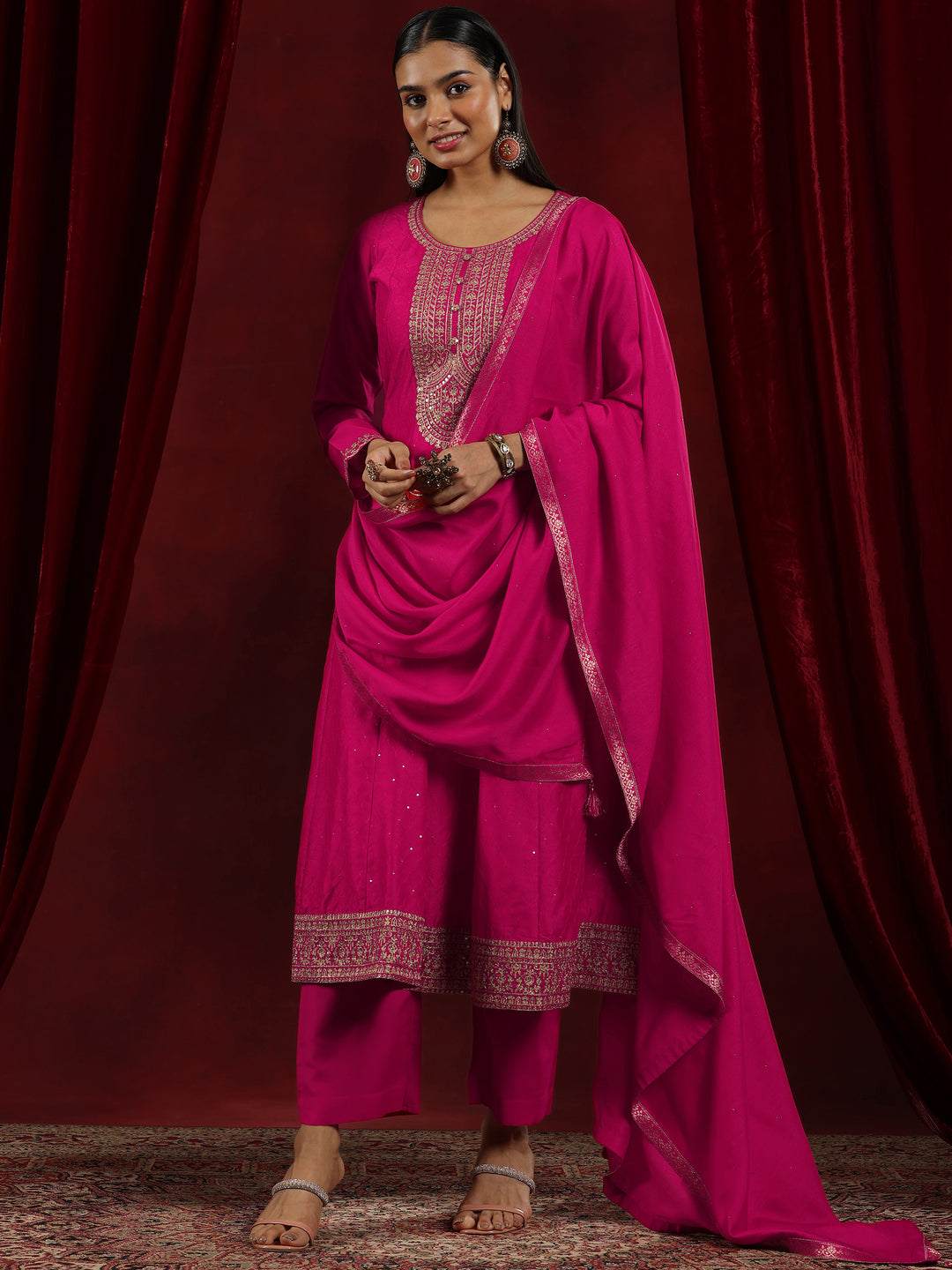Libas Art Pink Embroidered Silk Blend A-Line Kurta With Trousers & Dupatta