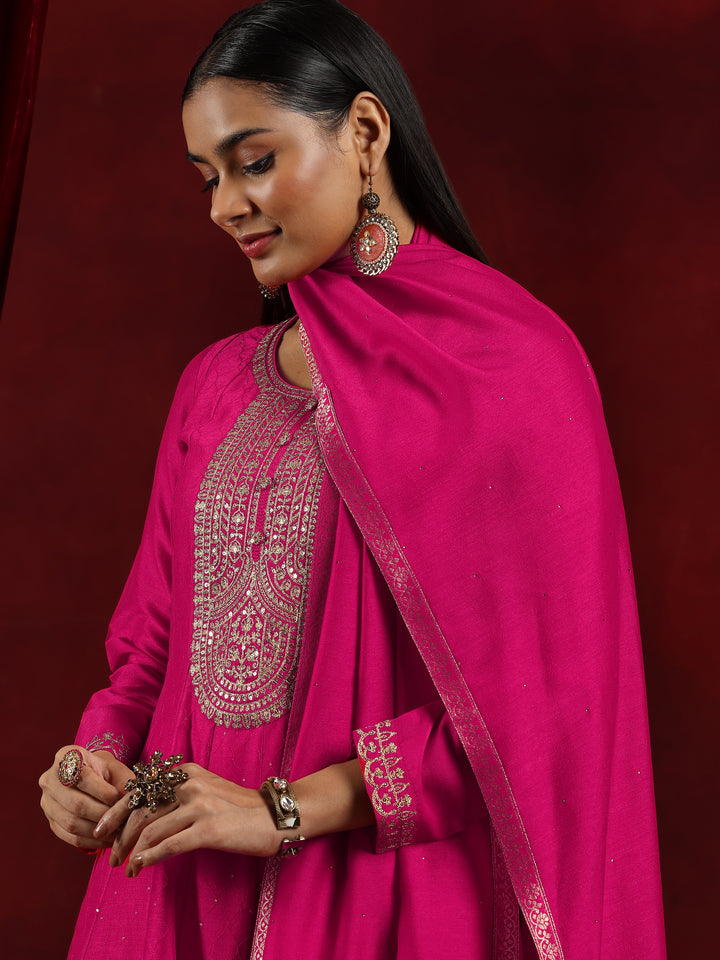 Libas Art Pink Embroidered Silk Blend A-Line Kurta With Trousers & Dupatta