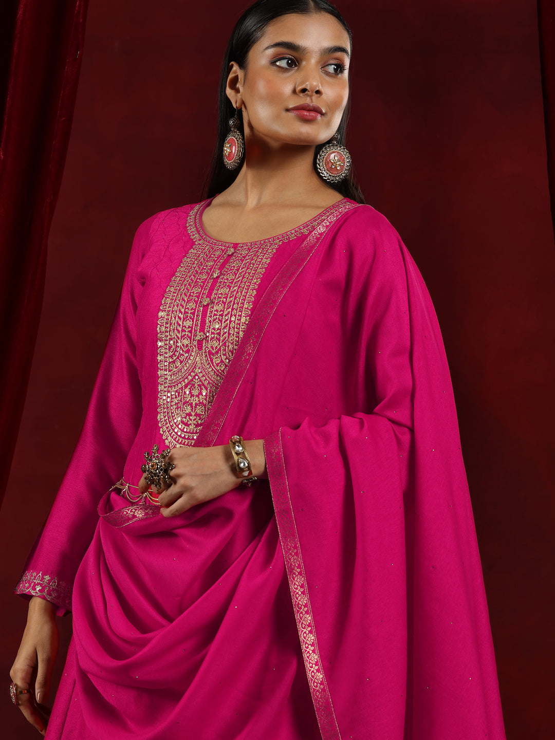 Libas Art Pink Embroidered Silk Blend A-Line Kurta With Trousers & Dupatta