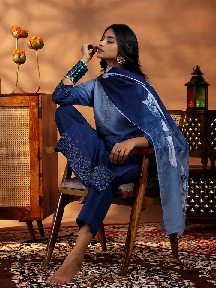 Blue Self Design Muslin Straight Suit With Dupatta