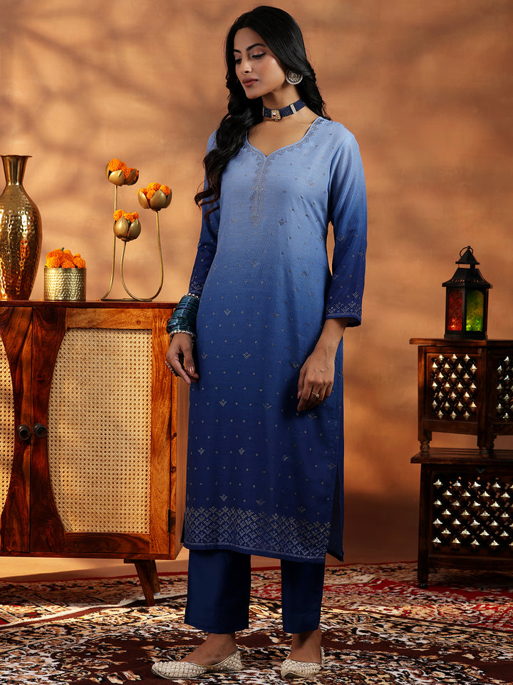 Blue Self Design Muslin Straight Suit With Dupatta