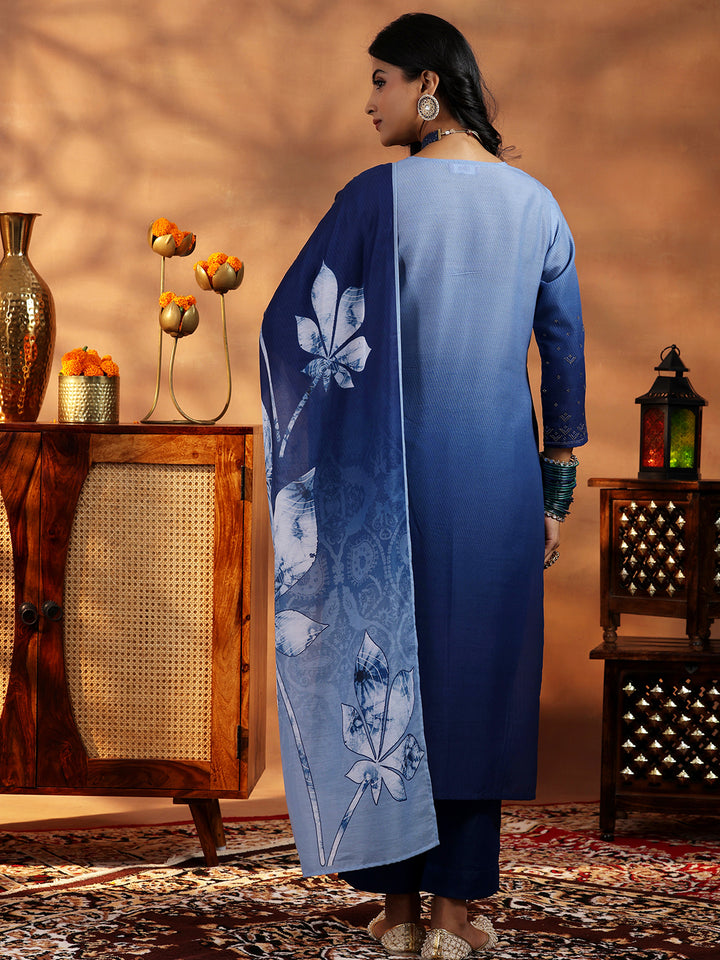 Blue Self Design Muslin Straight Suit With Dupatta