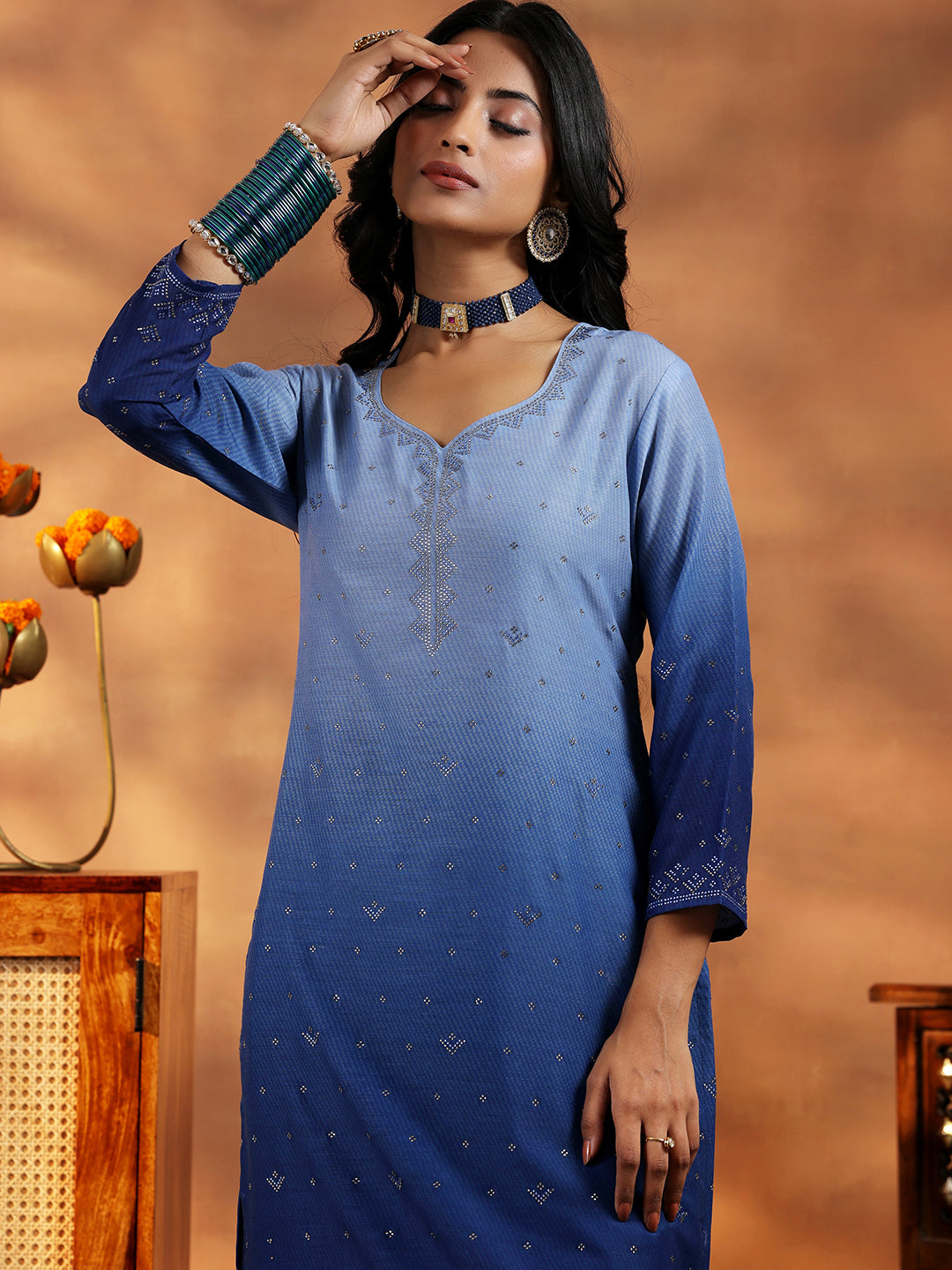 Blue Self Design Muslin Straight Suit With Dupatta