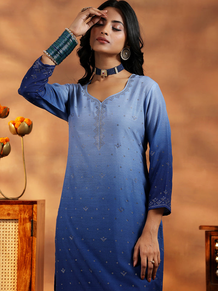 Blue Self Design Muslin Straight Suit With Dupatta