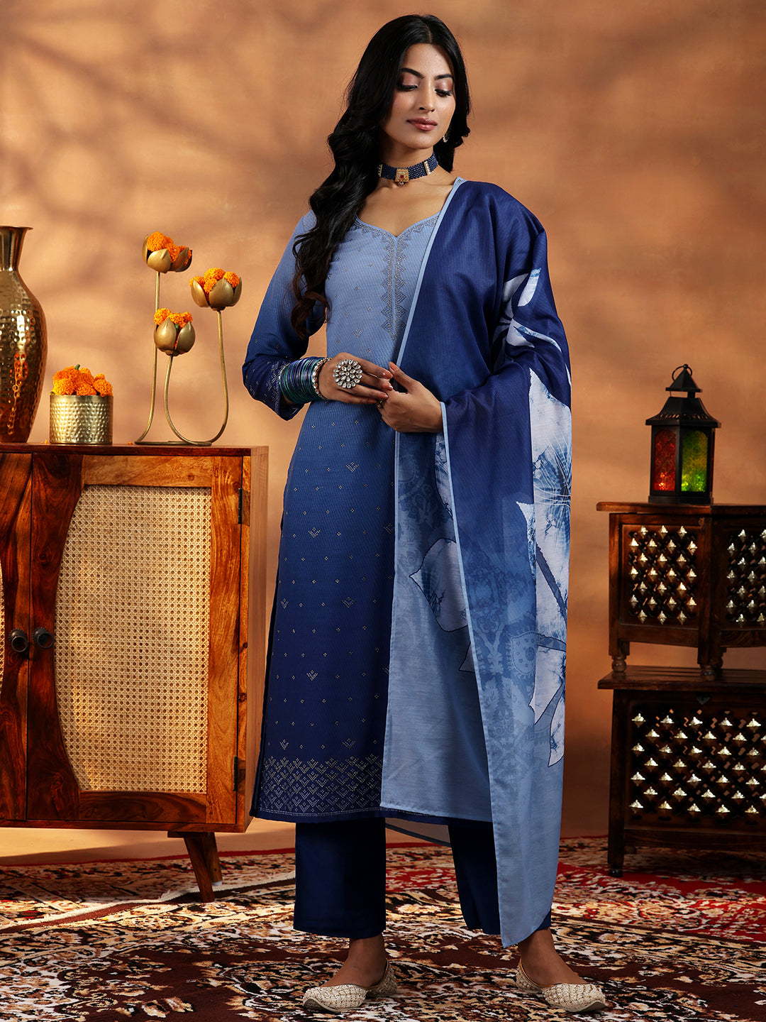Blue Self Design Muslin Straight Suit With Dupatta