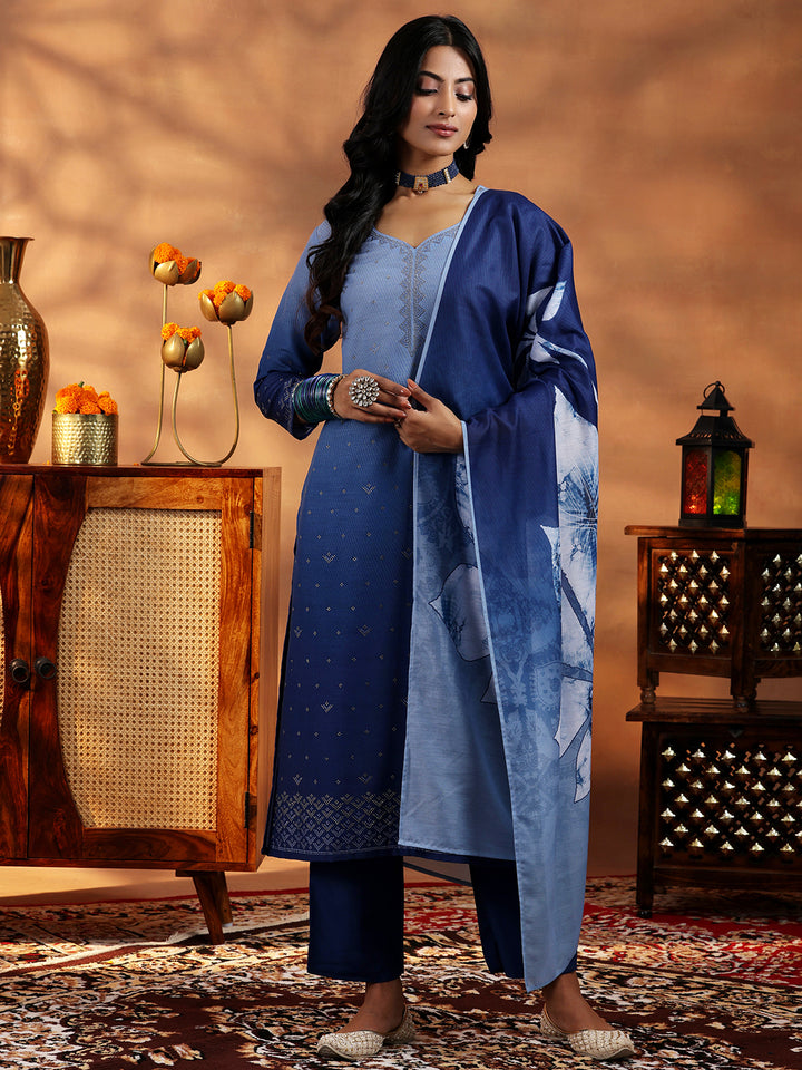 Blue Self Design Muslin Straight Suit With Dupatta