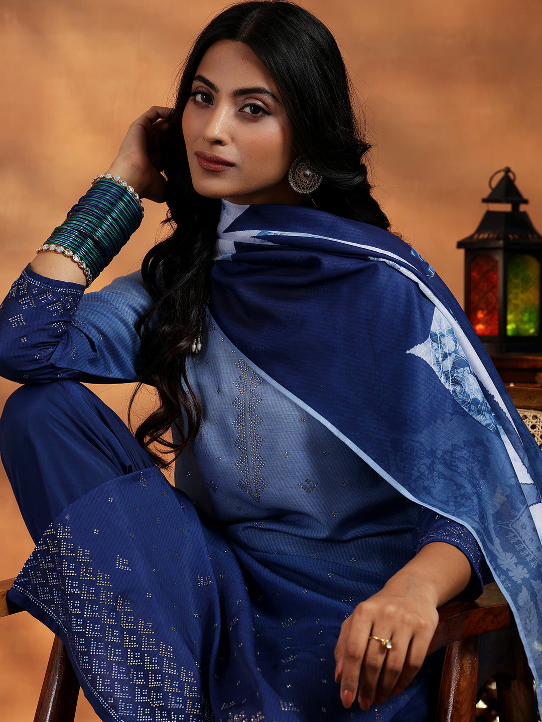 Blue Self Design Muslin Straight Suit With Dupatta