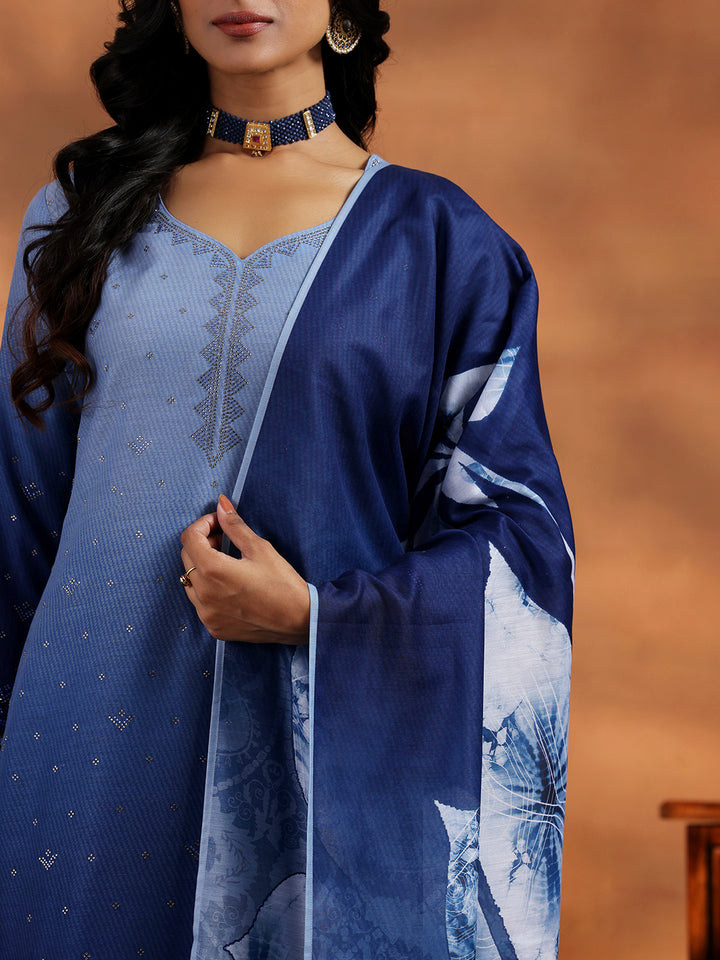 Blue Self Design Muslin Straight Suit With Dupatta
