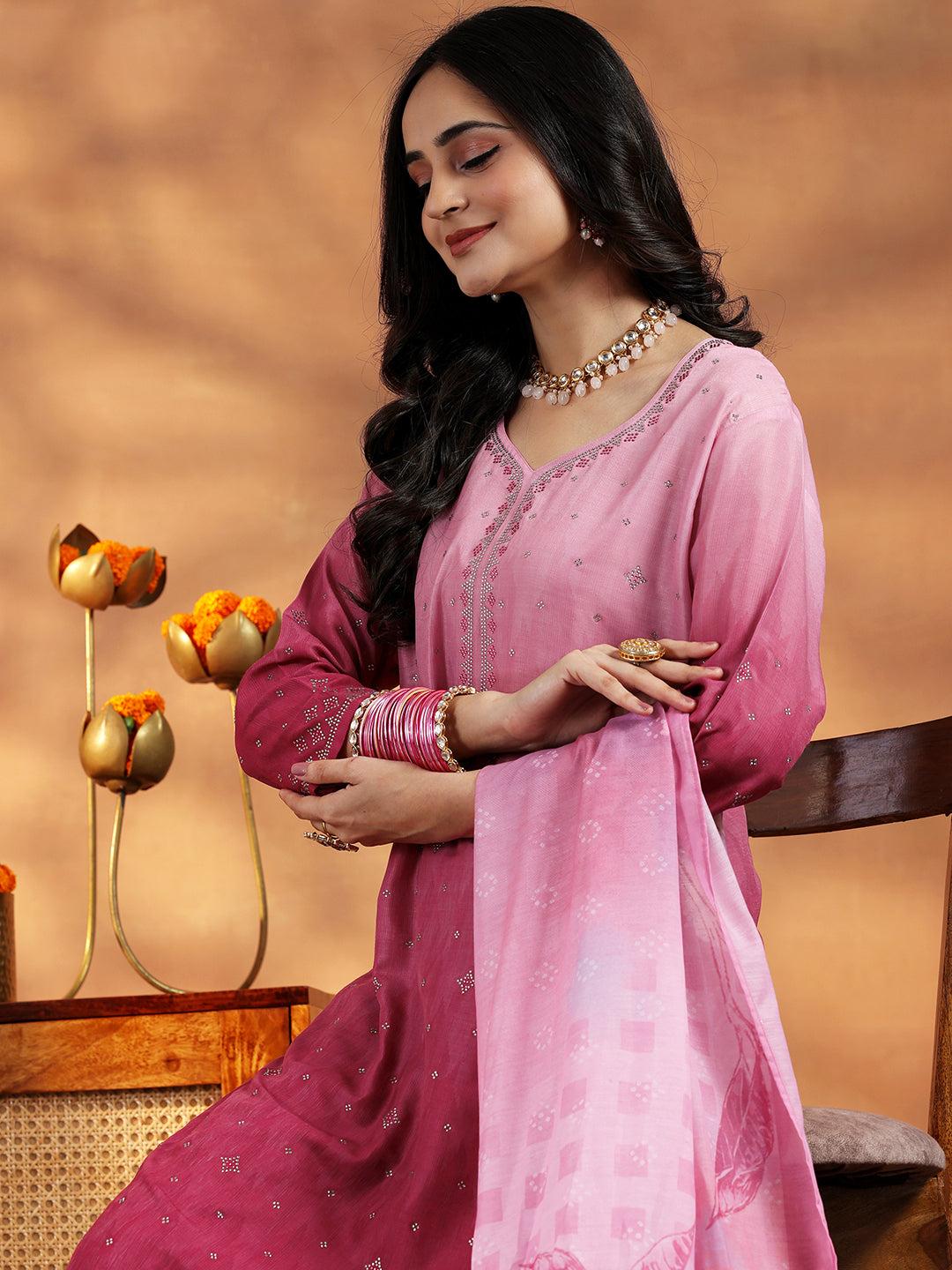 Pink Self Design Muslin Straight Suit With Dupatta