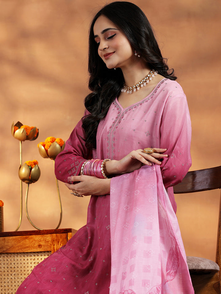 Pink Self Design Muslin Straight Suit With Dupatta