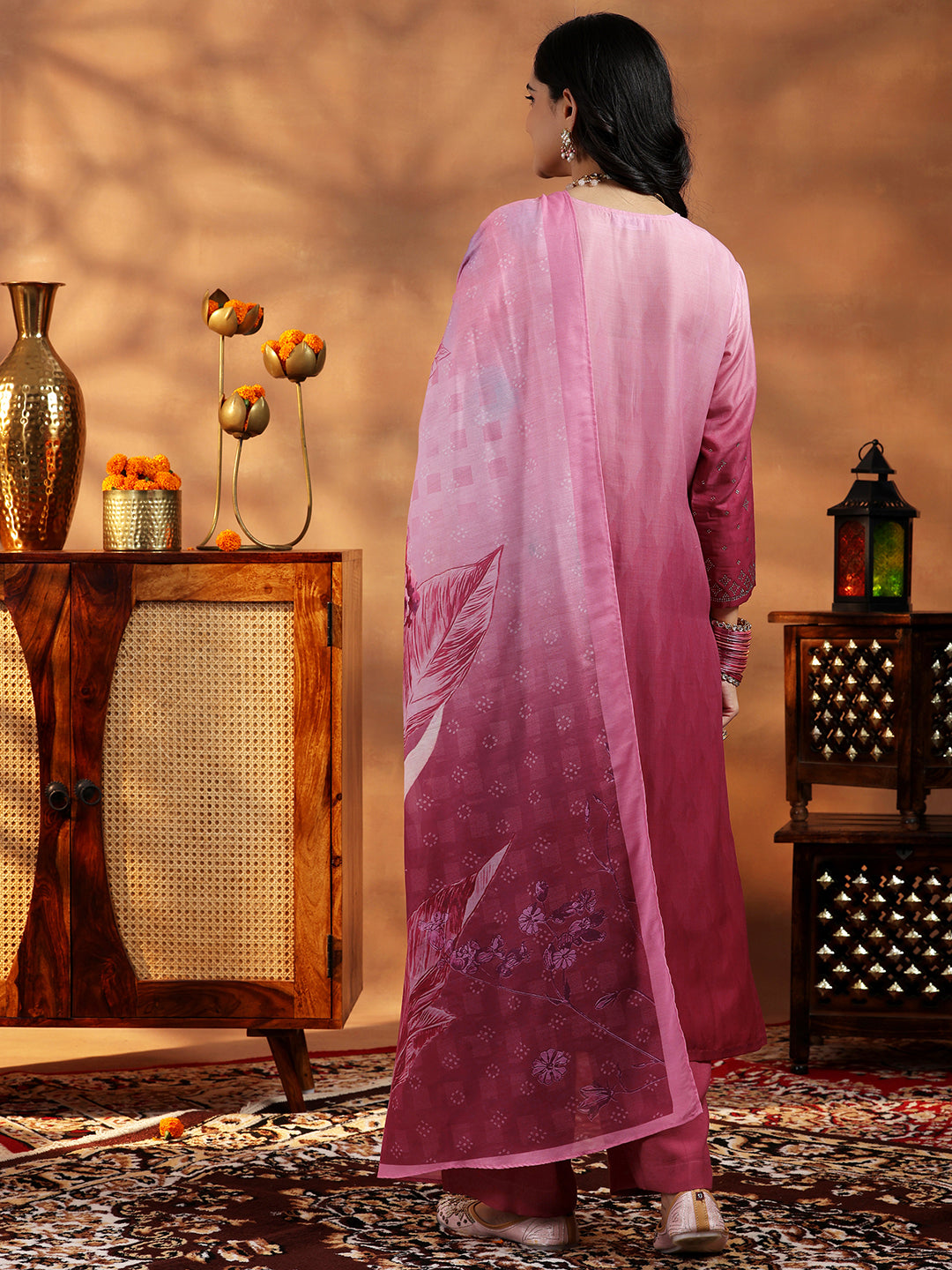 Pink Self Design Muslin Straight Suit With Dupatta