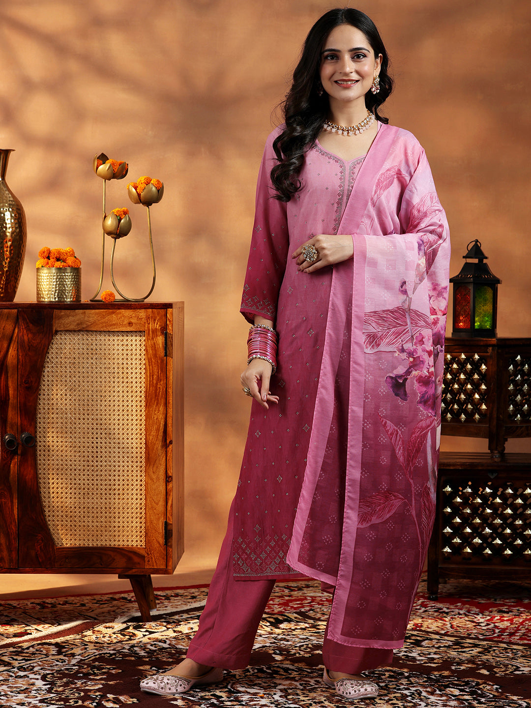 Pink Self Design Muslin Straight Suit With Dupatta