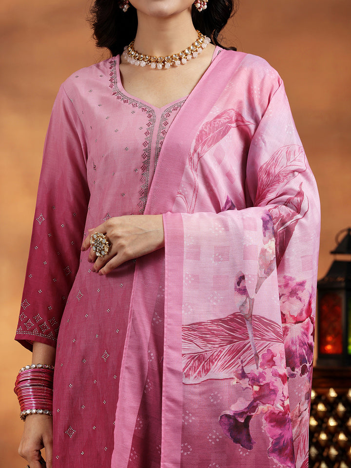 Pink Self Design Muslin Straight Suit With Dupatta