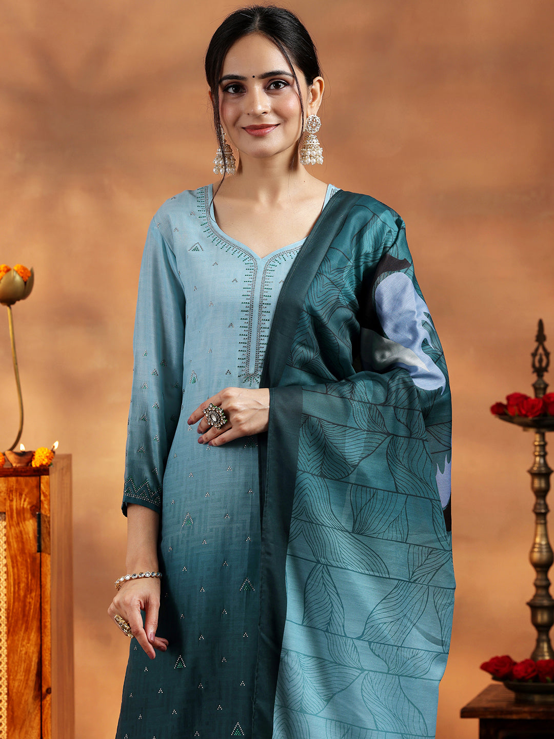 Green Self Design Muslin Straight Suit With Dupatta