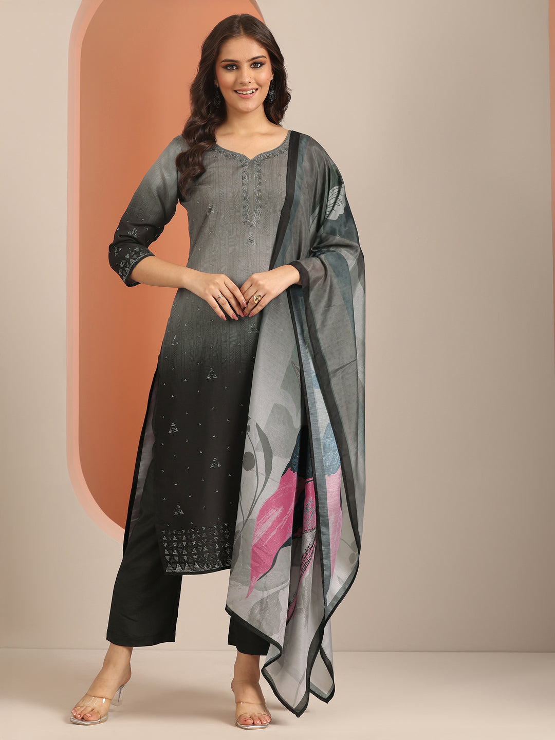 Grey Self Design Muslin Straight Suit With Dupatta