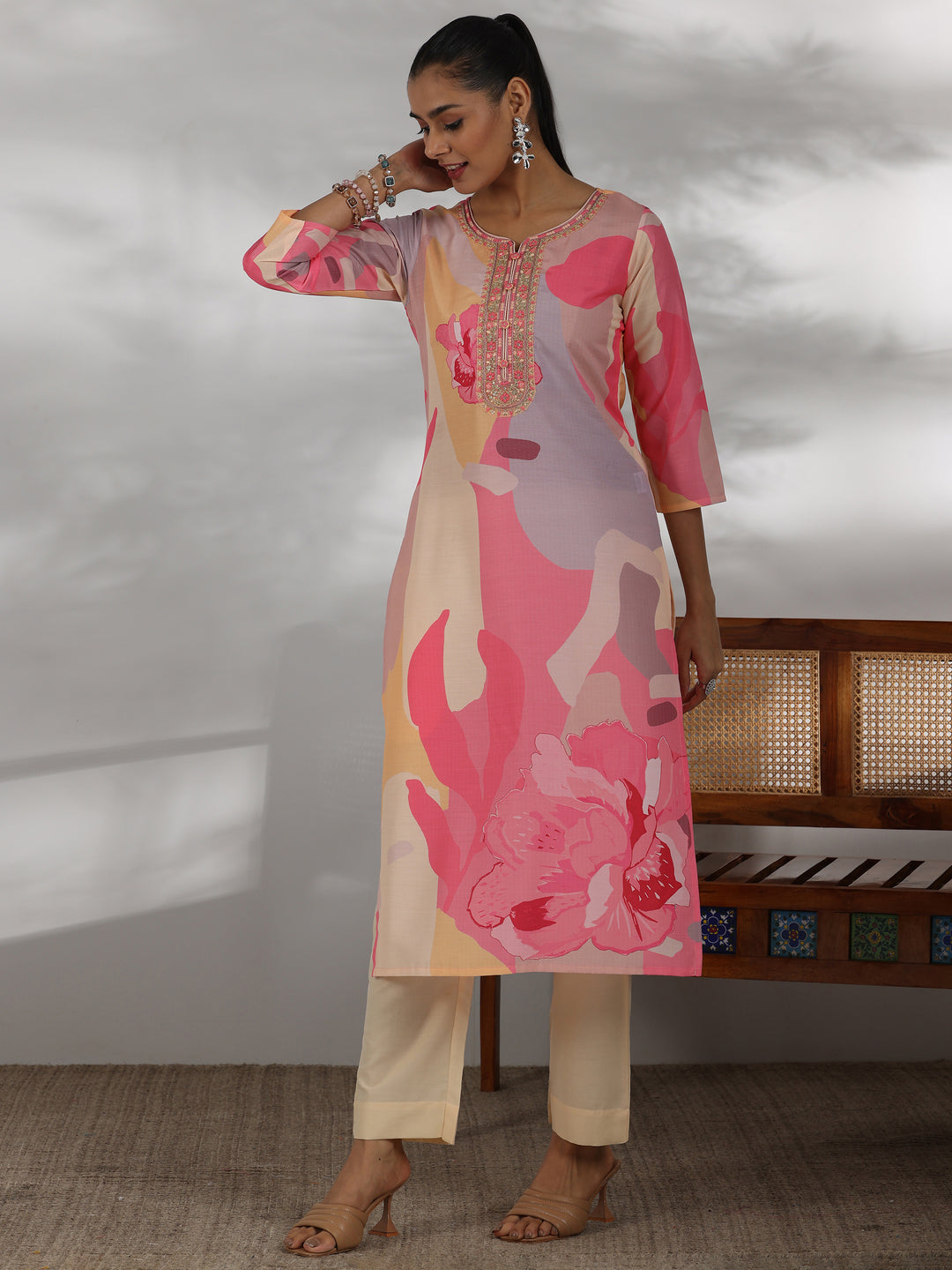 Cream Printed Cotton Blend Straight Suit With Dupatta