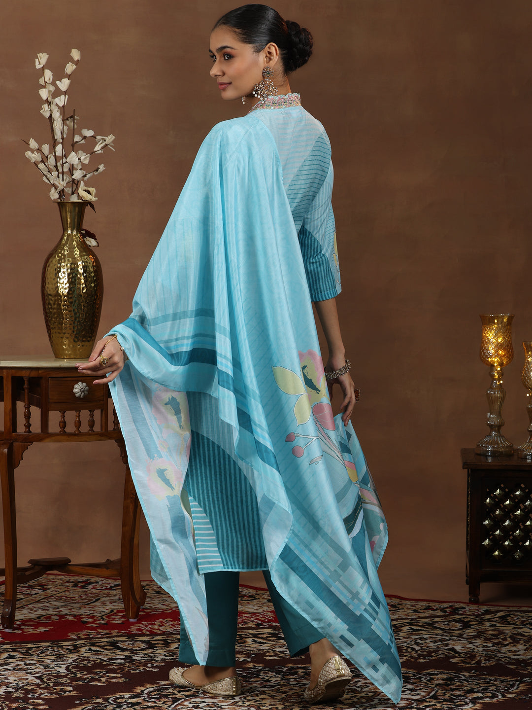 Turquoise Printed Cotton Blend Straight Suit With Dupatta