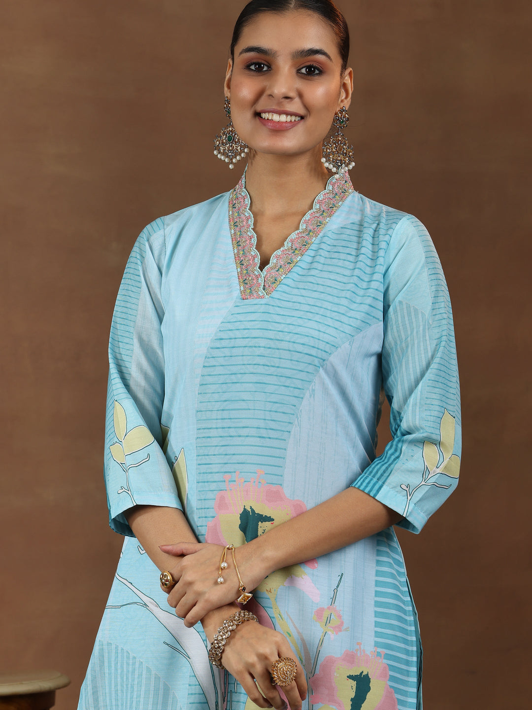 Turquoise Printed Cotton Blend Straight Suit With Dupatta
