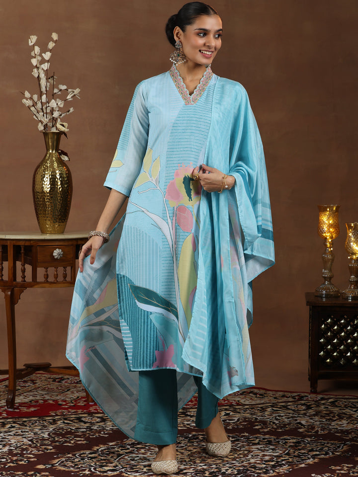 Turquoise Printed Cotton Blend Straight Suit With Dupatta