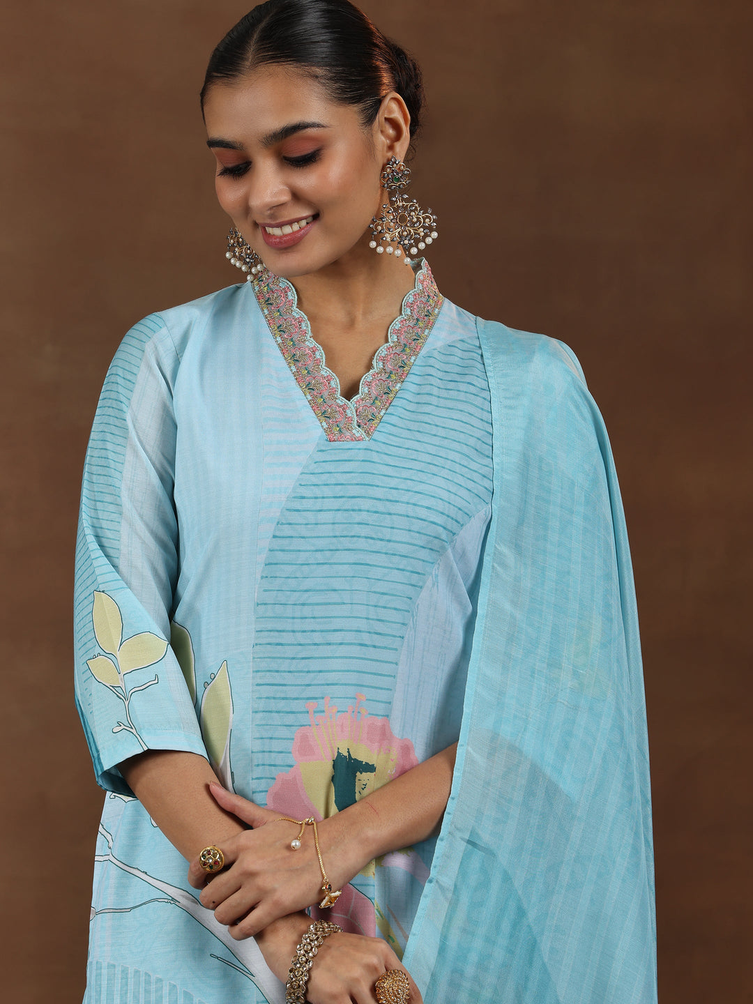 Turquoise Printed Cotton Blend Straight Suit With Dupatta