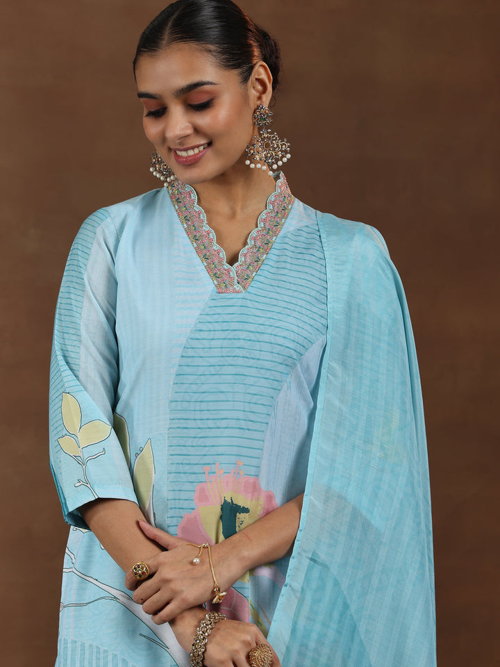 Turquoise Printed Cotton Blend Straight Suit With Dupatta