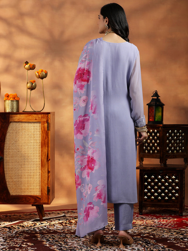 Lilac Embroidered Georgette Straight Suit With Dupatta
