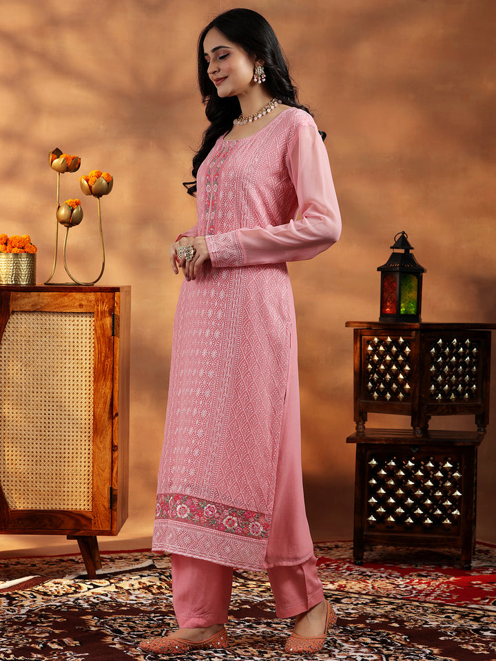 Peach Embroidered Georgette Straight Suit With Dupatta