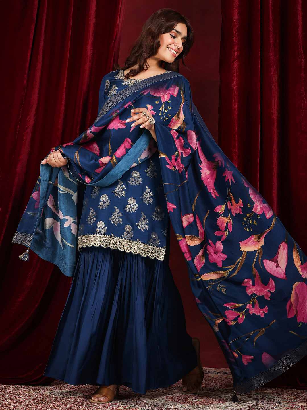 Libas Art Blue Woven Design Silk Blend Straight Suit With Dupatta
