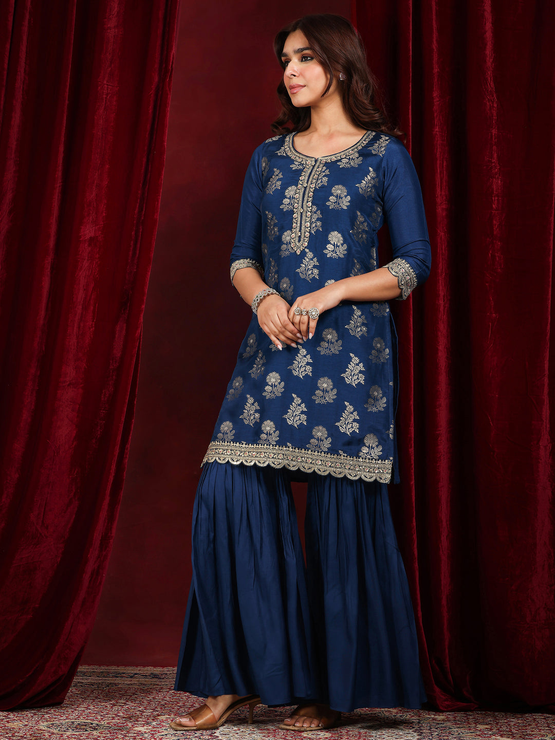 Libas Art Blue Woven Design Silk Blend Straight Suit With Dupatta
