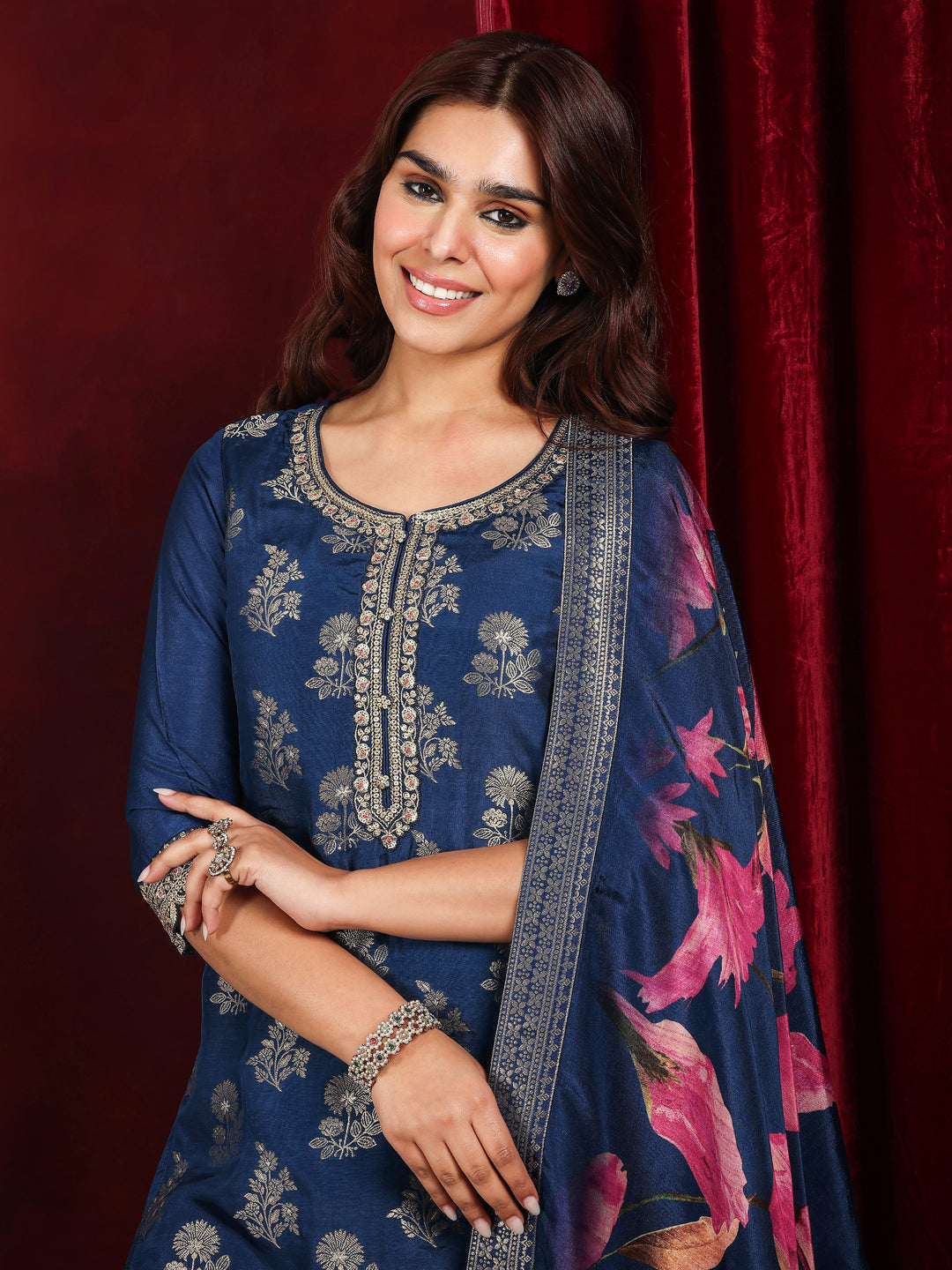 Libas Art Blue Woven Design Silk Blend Straight Suit With Dupatta