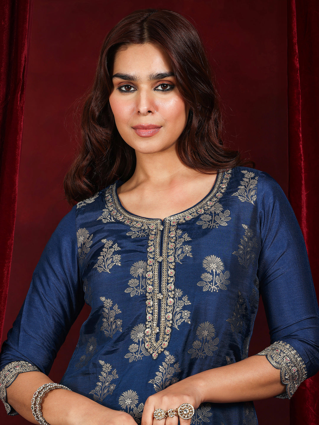 Libas Art Blue Woven Design Silk Blend Straight Suit With Dupatta