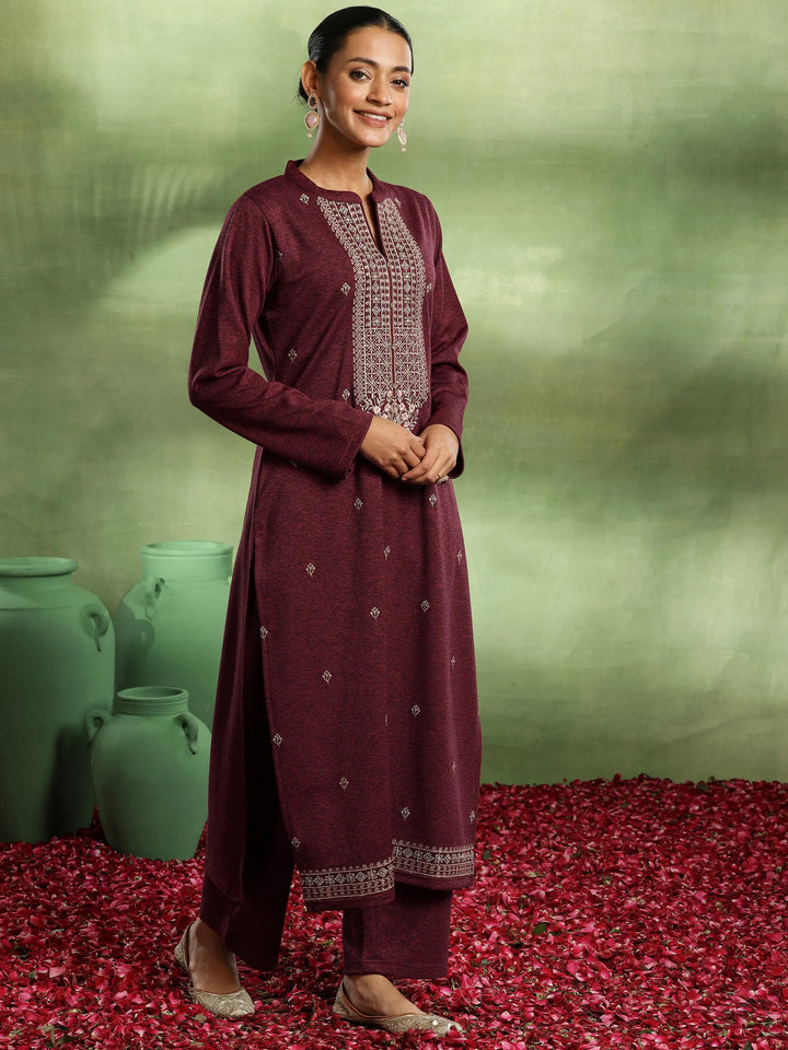 Red Embroidered Wool Blend Straight Suit With Dupatta