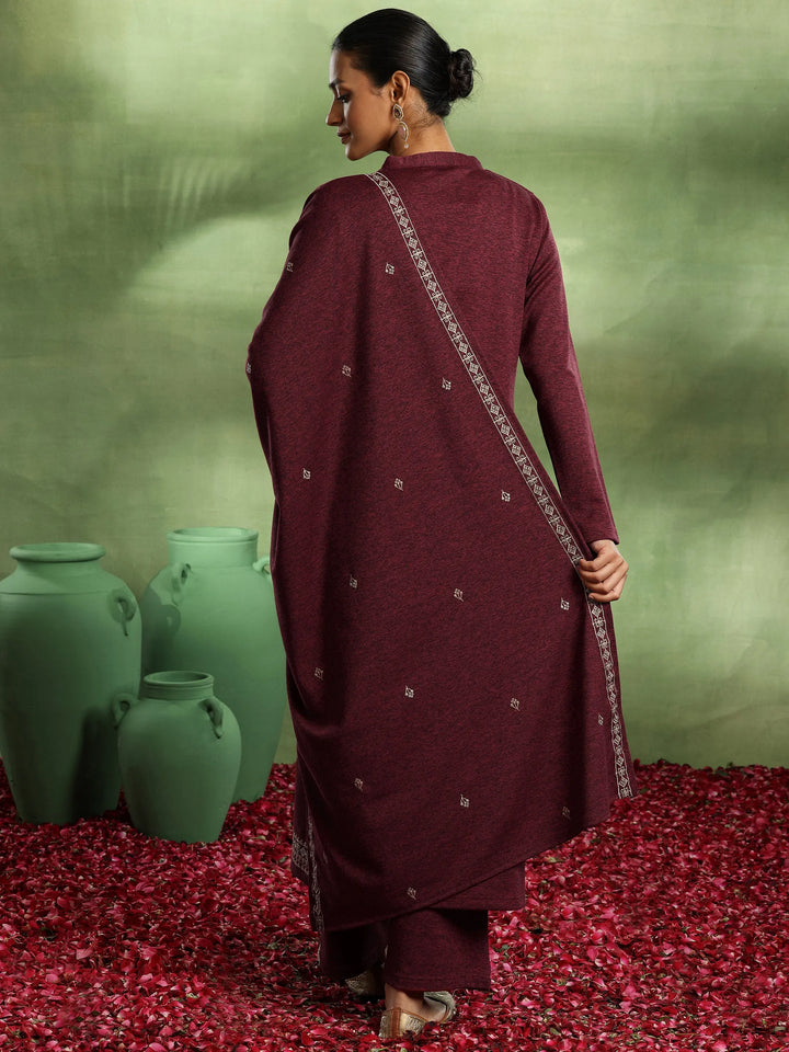 Red Embroidered Wool Blend Straight Suit With Dupatta