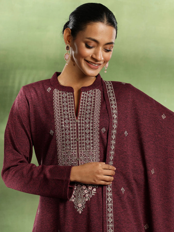 Red Embroidered Wool Blend Straight Suit With Dupatta