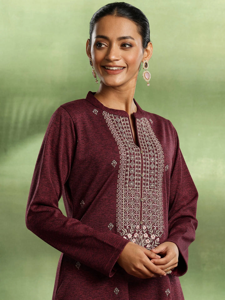 Red Embroidered Wool Blend Straight Suit With Dupatta