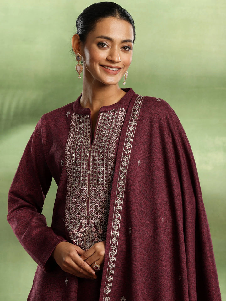 Red Embroidered Wool Blend Straight Suit With Dupatta