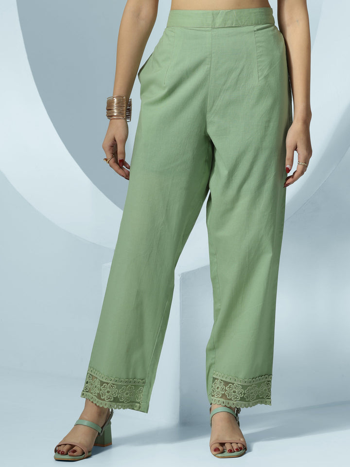 Green Printed Cotton Blend Straight Suit With Dupatta