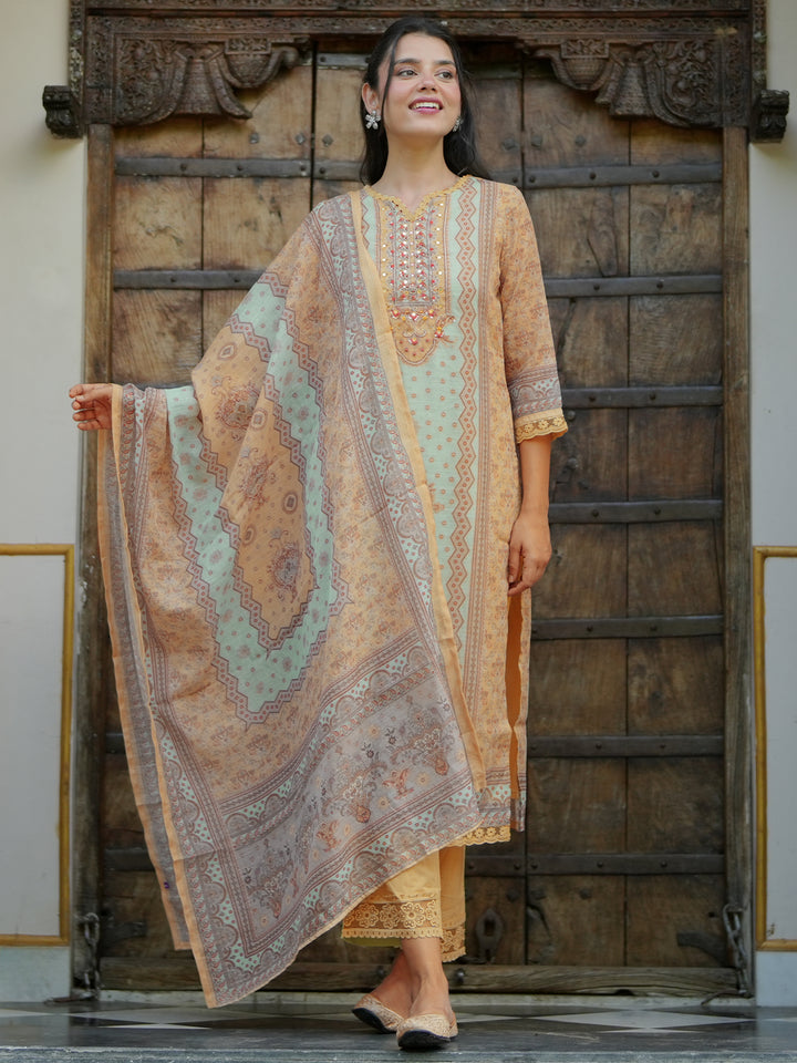 Yellow Printed Cotton Blend Straight Suit With Dupatta