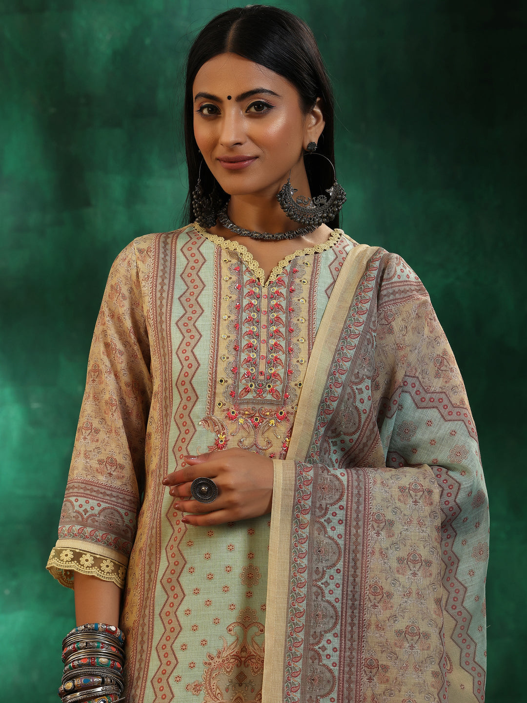 Yellow Printed Cotton Blend Straight Suit With Dupatta