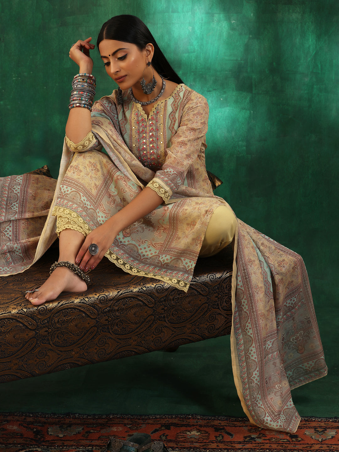 Yellow Printed Cotton Blend Straight Suit With Dupatta