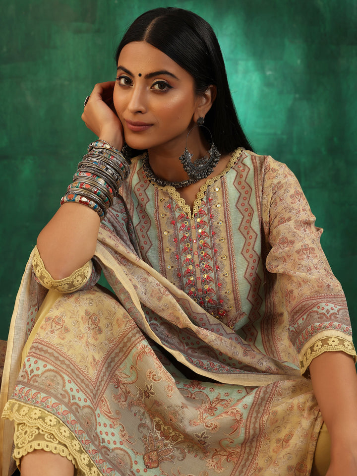 Yellow Printed Cotton Blend Straight Suit With Dupatta